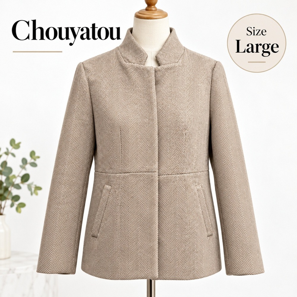 Chouyatou Women's Large Beige Herringbone Jacket Blazer Polyester Career Coat